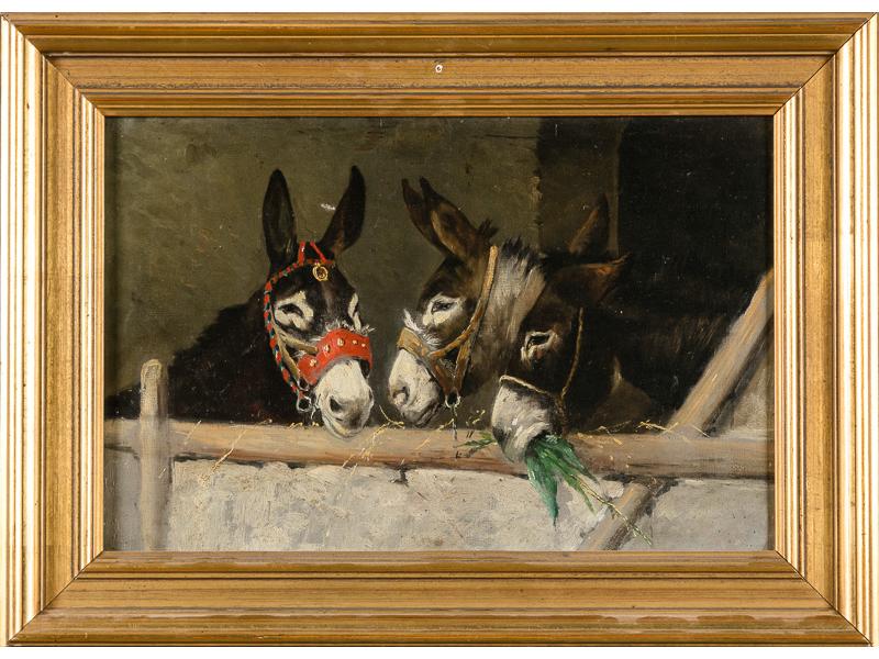 Ecole de la fin du XIXème: Les trois ânes. Huile sur toile (infime accros à la toile). Dim: 26.5x40 cm