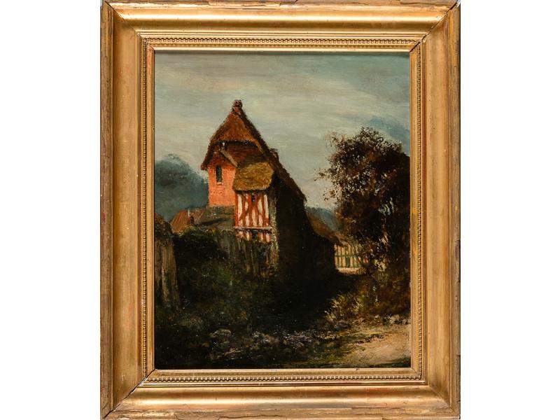 Ecole Française du XIXe siècle : La maison à colombages.  Huile sur carton.  Dim.: 46x38 cm.