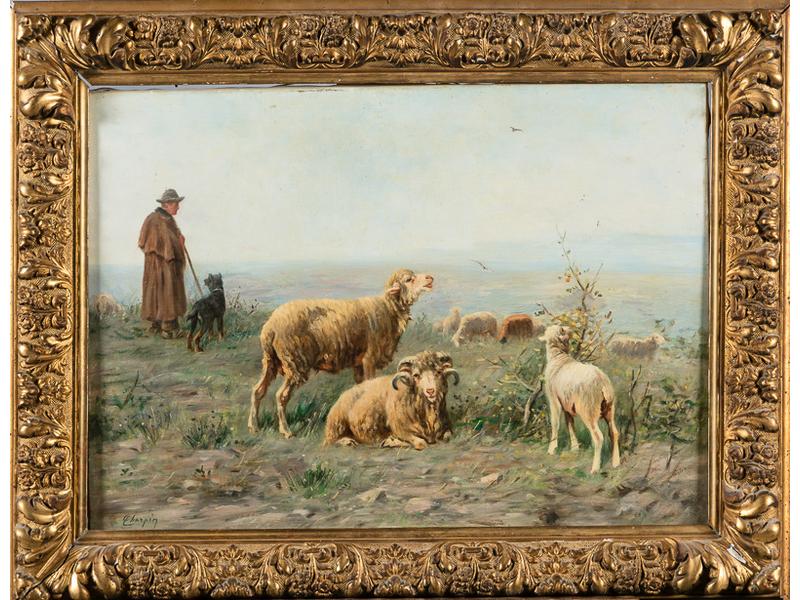 Albert CHARPIN (1842-1924) : Le berger et son troupeau.  Huile sur toile signée en bas à gauche.  Dim.: 50x70 cm. (accroc au centre)