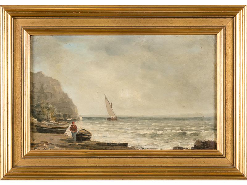 Ecole fin XIXe siècle : Pêcheur en bord de mer par temps orageux. Huile sur panneau signée en bas à gauche. Signature illisible. Au dos cachet de collection à la cire. Dim: 24x38 cm.