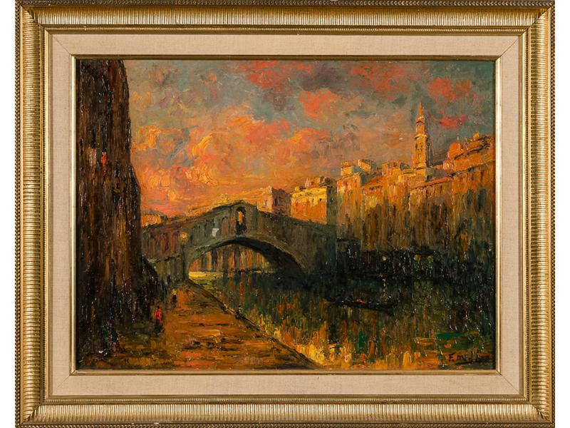 François MAURY (1861-1933) : Le pont du Rialto à Venise. Huile sur toile signée en bas à droite. Dim: 54x73 cm.