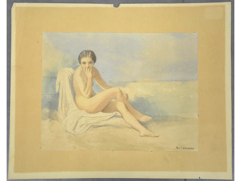 Joseph BONAVENTURE LAURENS (1801-1890): Nu assise. Aquarelle signée en bas à droite. Dim.: 22,5x29cm