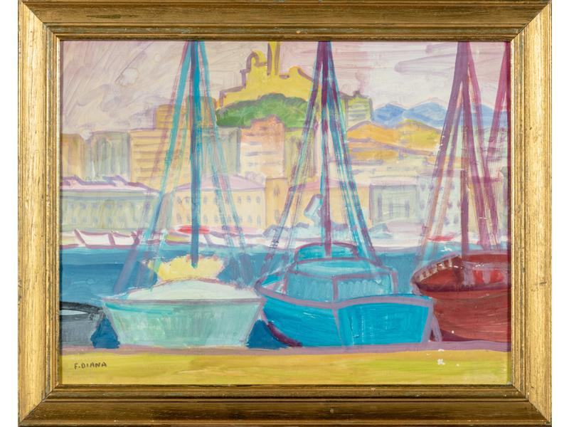 François DIANA (1903-1993) : Le Vieux Port à Marseille.  Gouache signée en bas à gauche.  Dim.: 49x64 cm. (petits manques et usures de papier en bas à droite)