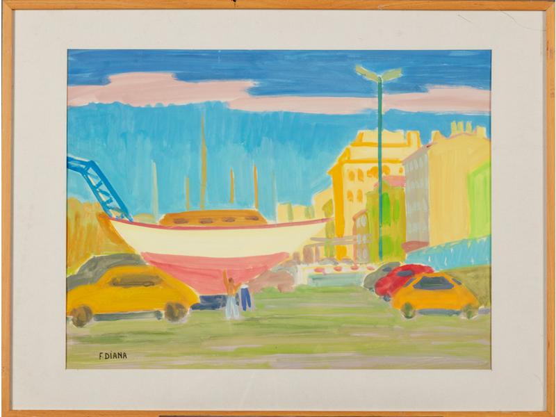 François DIANA (1903-1993) : Sur le port.  Aquarelle gouachée signée en bas à gauche.  Dim.: 47x62 cm.