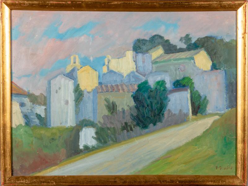 François DIANA (1903-1993) : Le village.  Huile sur carton signée en bas à droite.