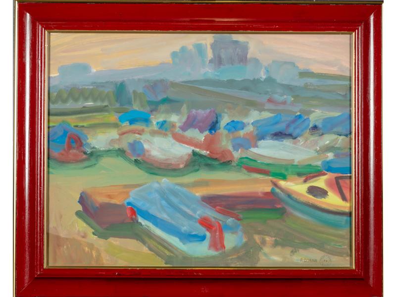 François DIANA (1903-1993) : Les barques.  Gouache signée en bas à droite avec cachet d'atelier.  Dim.: 50x65 cm.