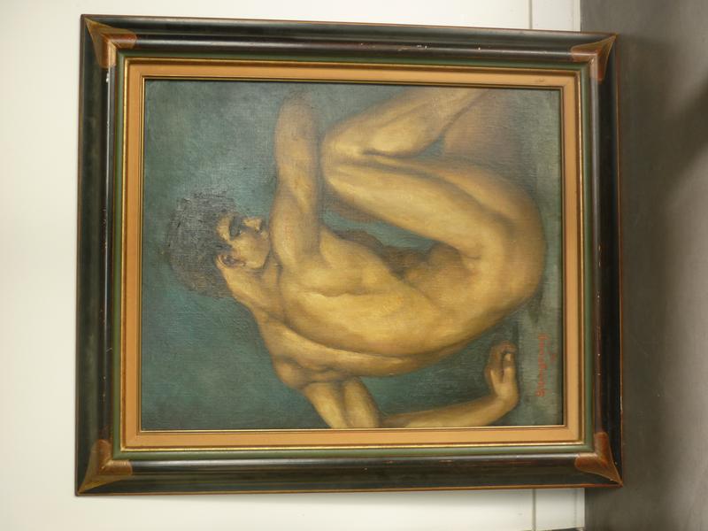SOUNGOUROFF Anatola (1911-182) - Etude de nu masculin - Huile sur contre-plaqué signée en bas à gauche, datée 48. Dim. : 73x60 cm.