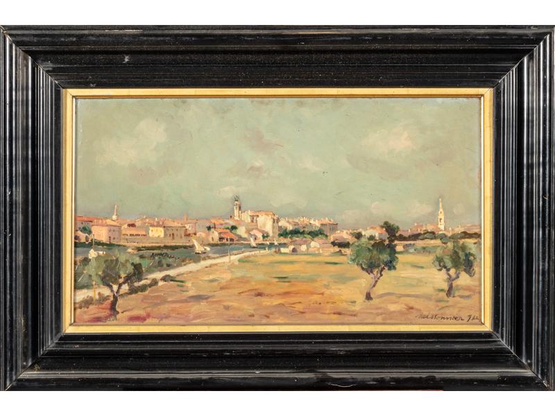 Joseph MEISSONNIER (1864-1943) : Vue générale des Martigues avec ses trois clochers.  Huile sur carton signée en bas à droite, titrée et datée août 1912 au dos.  Dim. : 30.5x54.5 cm.