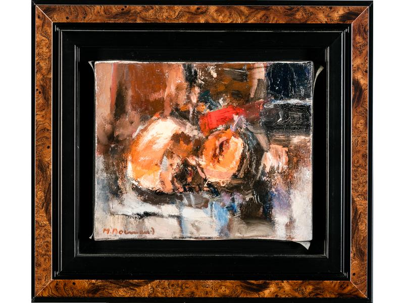 Michel BONNAUD (1934-2008) : Nature morte aux fruits.  Huile sur toile signée en bas à gauche, contresignée et datée 1991 au dos.  Dim.: 22x27 cm.
