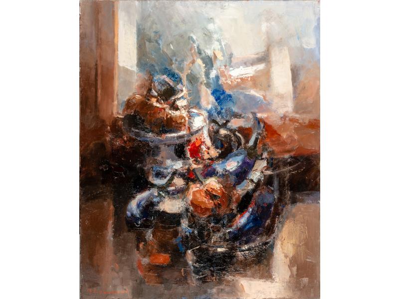 Michel BONNAUD (1934-2008) : Nature morte aux aubergines. Huile sur toile signée en bas à gauche, contresignée, titrée et datée 1993 au dos.  Dim.: 81x65 cm. (sans cadre)
