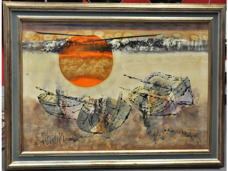 Jan VAKOWSKAI (1932) : Soleil couchant. Huile sur toile signée en bas à gauche.  Dim.: 65x92 cm.