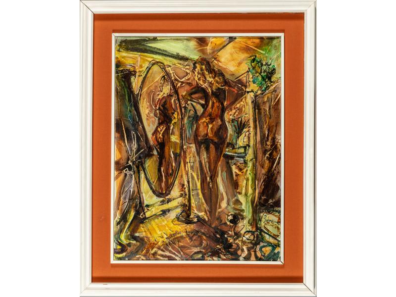 Gérard PAMBOUJIAN (1941) : Nu de femme à la psyché.  Huile sur toile signée en bas à droite.  Dim.: 82x60 cm.