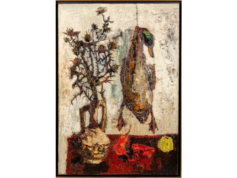 Raymond GUERRIER (1920-2002) : Le canard II, nature morte.  Grande huile sur toile signée en bas à gauche.  Dim. : 162x114 cm.