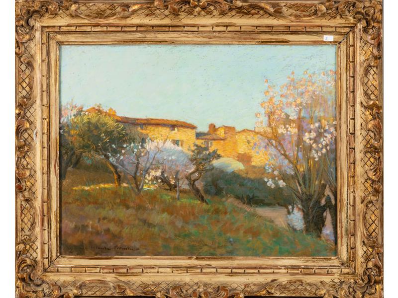 Claude FIRMIN (1864-1944) : Le hameau au printemps.  Dessin au pastel signé en bas à gauche.  Dim.: 50x65 cm.