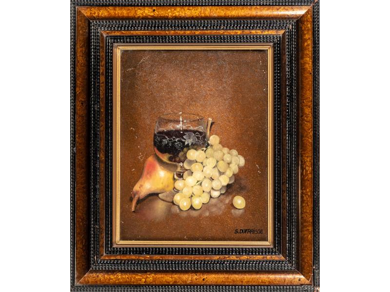 Stéphane DUFRAISSE (1953-2013) : Nature morte au verre de vin et fruits.  Huile sur panneau signée en bas à droite.  Dim.: 35x27 cm.