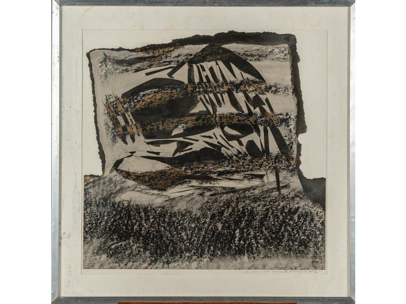 Michel TRINQUIER (1931) : Composition argentée.  Papier coloré et découpé, signé en bas à droite, dédicacé et daté 80.  Dim.: 57x57 cm.