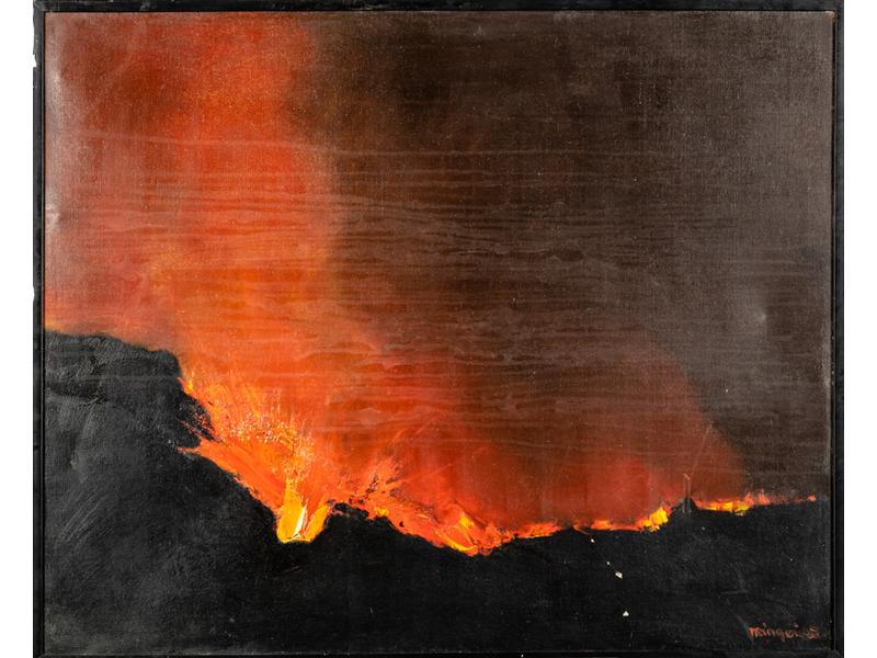 Michel TRINQUIER (1931) : Le volcan.  Huile sur toile signée en bas à droite et datée au dos 1964.  Dim.: 81x100 cm. (petits sauts de peinture en bas à droite)