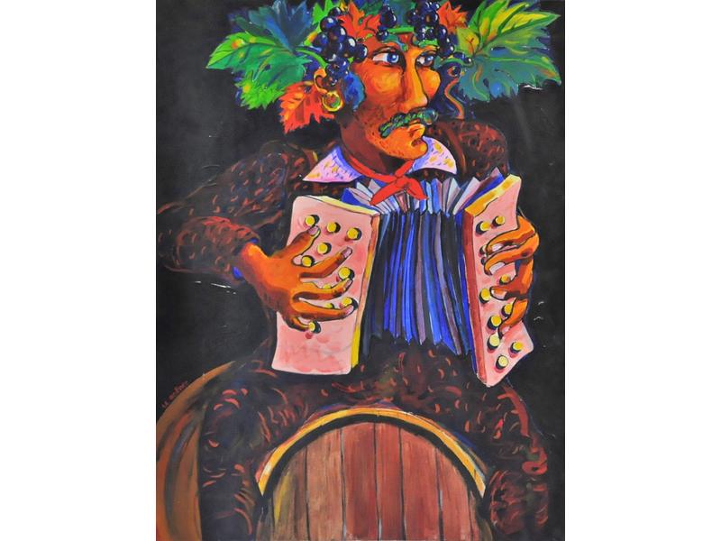 Henri Charles LE BOEDEC (XXe siècle) : Bacchus à l'accordéon. Huile sur toile.  Dim.: 116x89 cm.