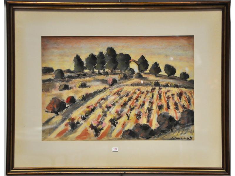 Gérard DELPUECH (XXe siècle) : Les vignes en automne.  Pastel signé en bas à droite.  Dim.: 33x48 cm.