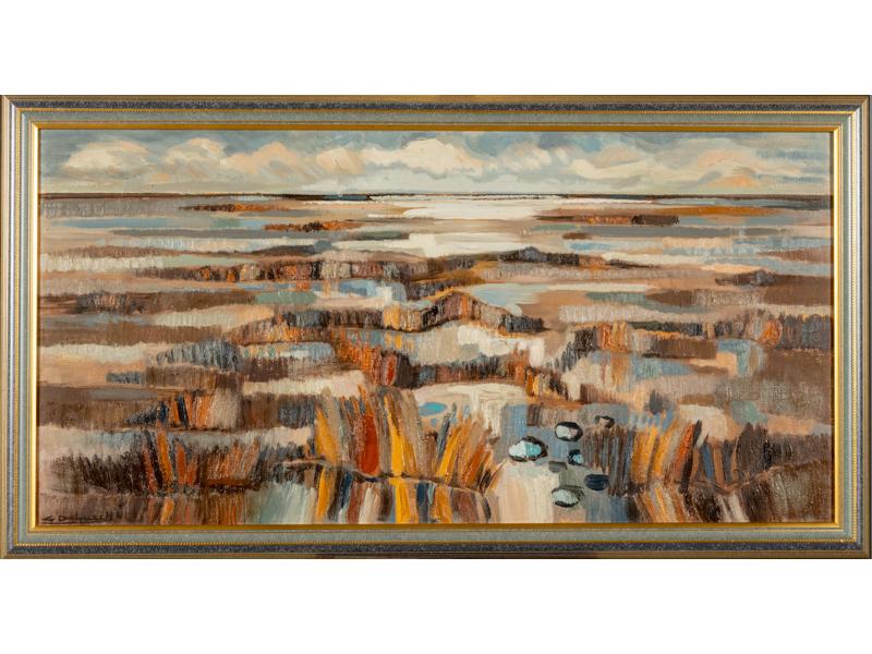 Gérard DELPUECH (XXe siècle) : Camargue.  Huile sur toile signée en bas à gauche et titrée au dos.  Dim.: 60x120 cm.