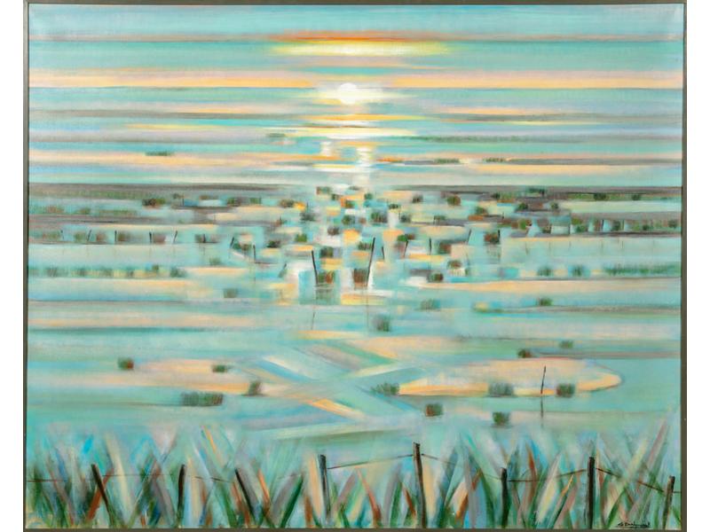 Gérard DELPUECH (XXe siècle) : Lever du soleil en Camargue. Grande Huile sur toile signée en bas à droite,  contresignée et titrée au dos. Dim. 131x162 cm.