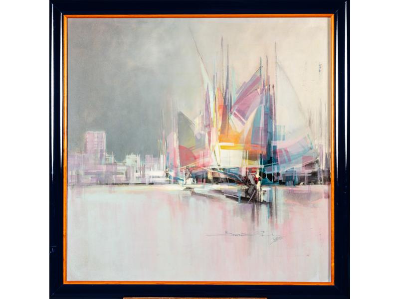 N GETH SIM (XXe siècle) : Les voiliers au port. Huile sur toile signée en bas à droite et datée 1985.  Dim.: 78x78 cm.