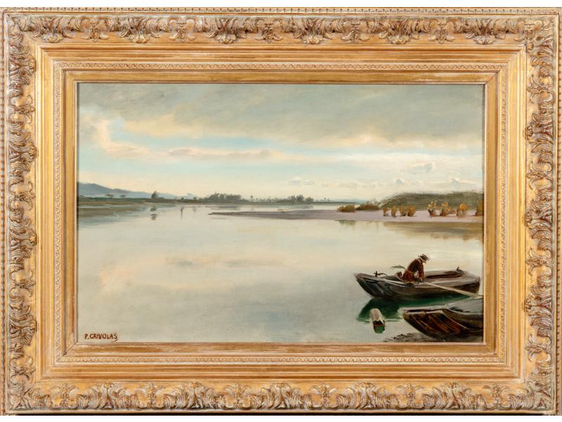 Pierre GRIVOLAS (1823-1906) : Le pêcheur dans sa barque. Huile sur toile signée en bas à gauche.  Dim.: 37x56.5 cm. (RESTAURE)