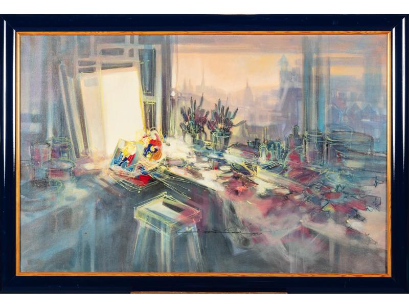 N. GETH SIM (XXe siècle) : L'atelier d'artiste.  Huile sur toile signée au dos.  Dim.: 65x100 cm.