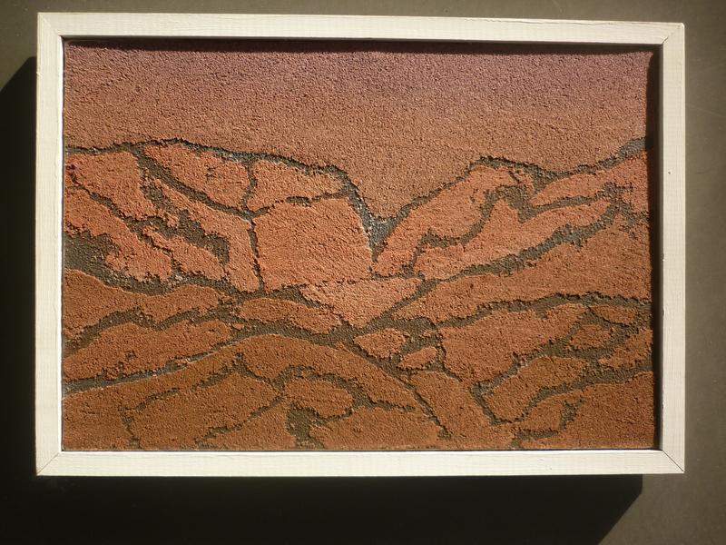 Henri BRUSLEY (XXe siècle) : Composition aux rochers. Technique mixte sur toile signée au dos et datée 2003. Dim. : 24x35 cm.