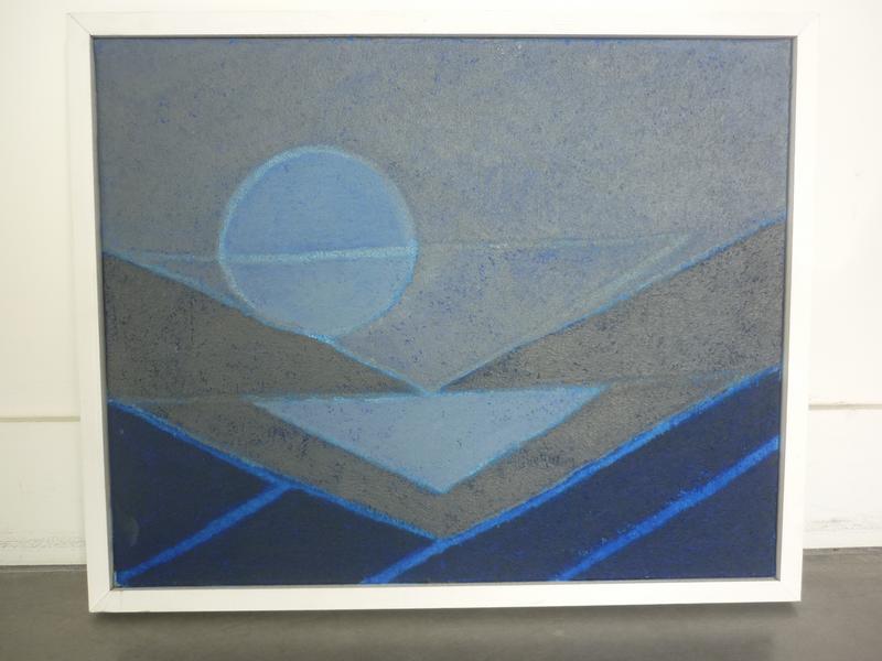 Henri BRUSLEY (XXe siècle) : Soleil bleu. Technique mixte sur toile signée au dos et datée 09/2003. Dim. : 33x41 cm.