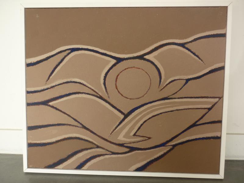 Henri BRUSLEY : Composition aux vagues.  Technique mixte sur toile, signée au dos et datée 2002/2003.  Dim.: 54x65 cm.