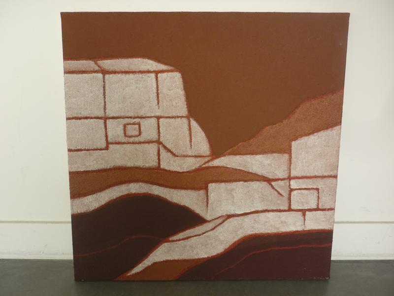 Henri BRUSLEY : Le muret.  Technique mixte sur toile.  Dim.: 60x60 cm.