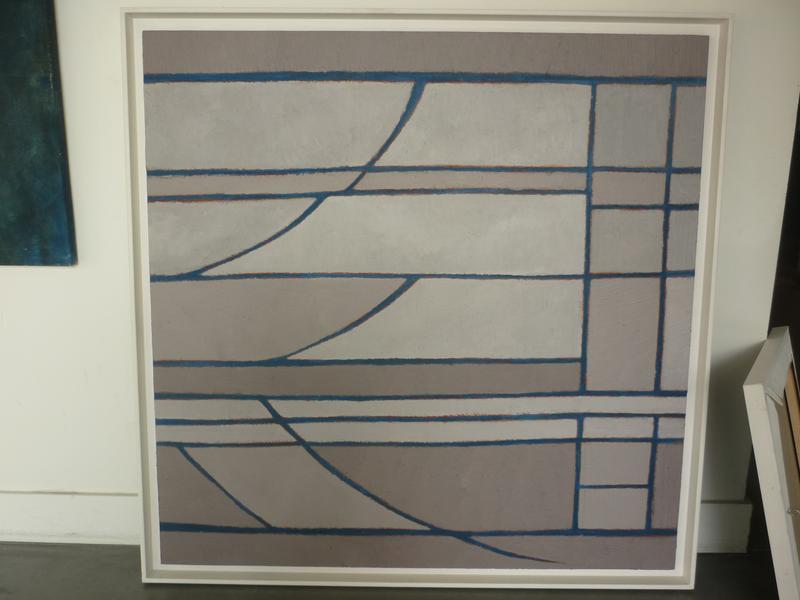 Henri BRUSLEY : Composition.  Technique mixte signée au dos, dédicacée et datée 15/07/85.  Dim.: 86x86 cm.