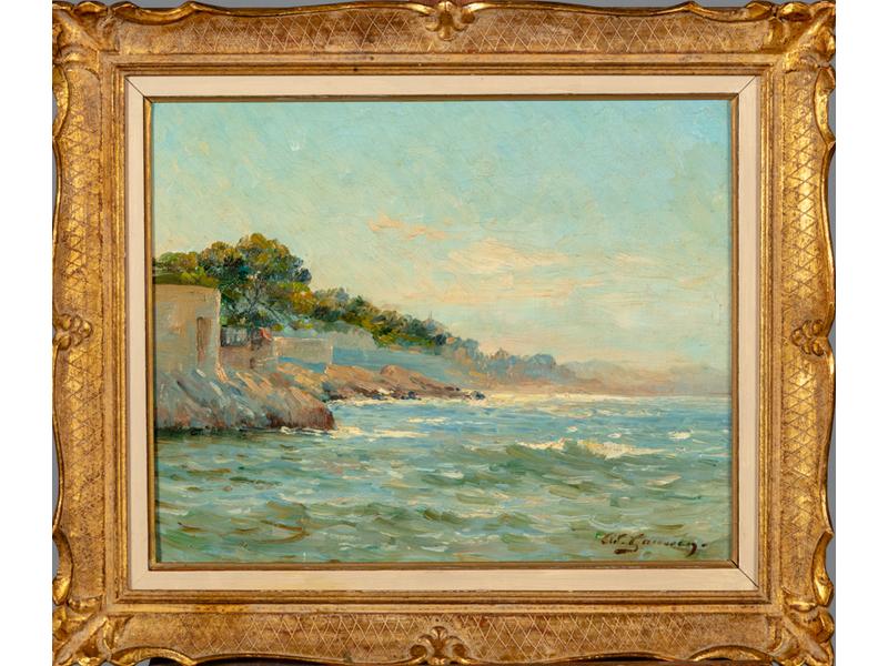 Adolphe Louis GAUSSEN (1871-1954) : Vue prise de Fabrega, au loin le Mont Faron.  Huile sur toile signée en bas à droite.  Dim.: 33x41 cm.