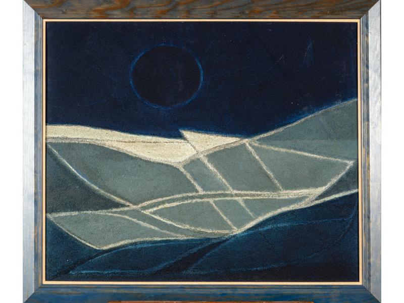 Henri BRUSLEY (XXe siècle) : Composition en bleu.  Technique mixte sur isorel signée au dos.  Dim.: 54x65 cm.
