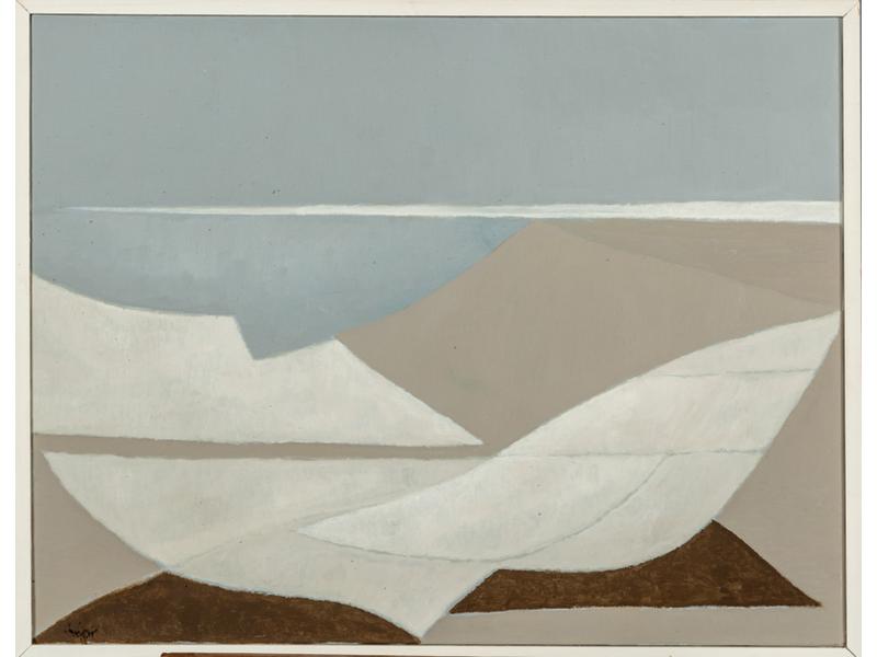 Henri BRUSLEY (XXe siècle) : Composition en gris.  Technique mixte sur isorel signée au dos.  Dim.: 50x65 cm.