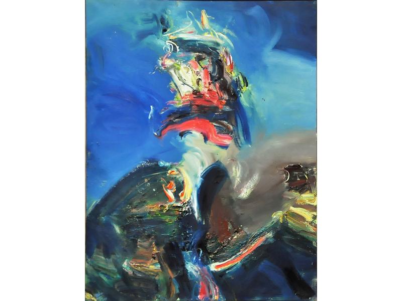 Michel UHLRICH (1937-2016) : Prisonnière de Barbe bleue. Huile sur toile, signée en bas à gauche, datée 2003. Dim : 117x89 cm.