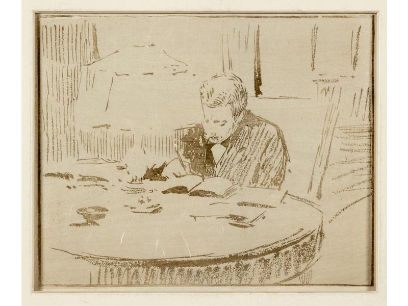 Edouard VUILLARD (1868-1940) : L'écrivain.  Estampe sur papier japon, non signée.  Dim. : 20x25 cm.  Dim. Feuille : 26.5x38.5 cm. (quelques pliures)