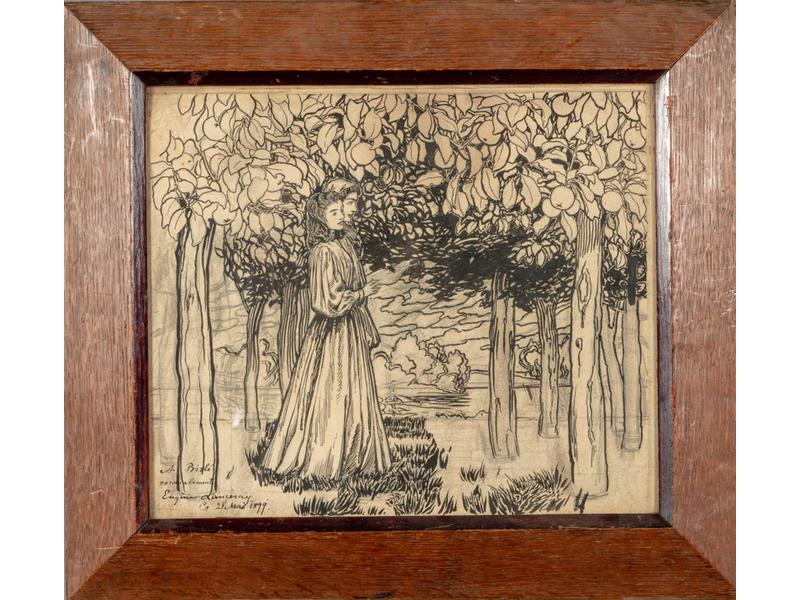 Eugène LANCERNAY (1848-1886) - Ecole Symboliste : Le Bois d'Amour.  Dessin à l'encre de Chine et à la mine de plomb.  Dédicacé, signé et daté 2 mai 1899.  Dim.: 28x33 cm.