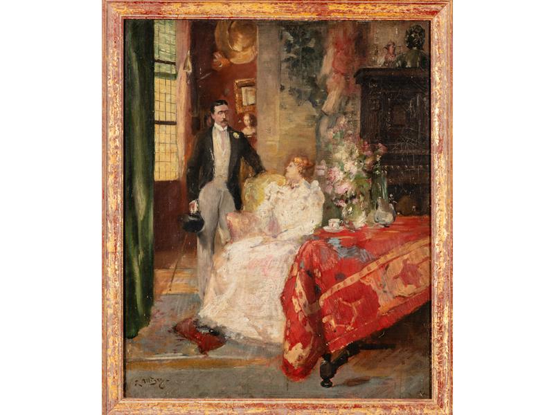 Raymond ALLEGRE (1857-1933) : Au salon.  Huile sur toile signée en bas à gauche, cachet d'atelier au dos.  Dim. : 73x60 cm.