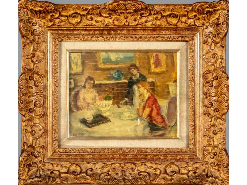 Marcel COSSON (1878-1956) : Le thé.  Huile sur panneau signée en bas à gauche.  Dim. : 19x24 cm. (craquelures)