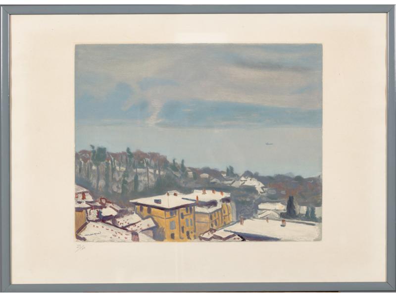 Albert MARQUET (1875-1947) : Bord de mer sous la neige.  Gravure en couleur signée en bas à gauche, avec monogramme, et numérotée 23/100.  Dim.: 33x41 cm.
