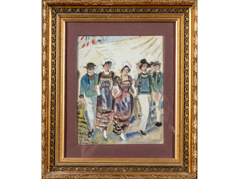 Max JACOB (1876-1944) : Danse traditionnelle le 14 juillet.  Gouache et aquarelle signée en bas à gauche et dédicacée à Charles Grotteau : 