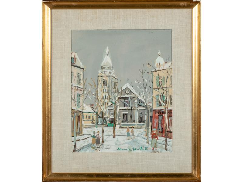 Maurice UTRILLO : Eglise Saint Pierre de Montmartre. Reproduction au pochoir, signée dans la planche.  Dim.: 32x.26.5 cm. (papier encollé)