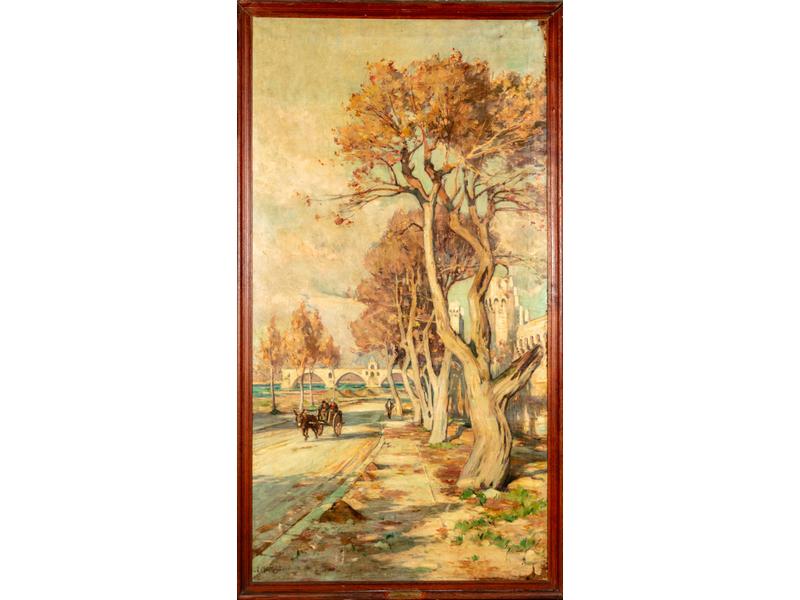 Louis MONTAGNE (1879-1960) : Les Allées de l'Oulle à Avignon.  Importante huile sur toile signée en bas à droite.  Dim. : 234x125 cm. (quelques éraflures et manques de peinture en partie basse principalement)