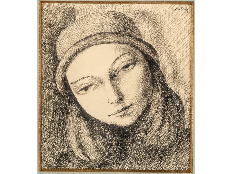 Moïse KISLING (1891-1953) : Portrait de femme au chapeau.  Dessin à l'encre signé en haut à droite.  Dim. : 20x18 cm.  Provenance : Galerie Drouand-David, Paris.  Resté dans la famille de M. Emmanuel David jusqu'à aujourd'hui.