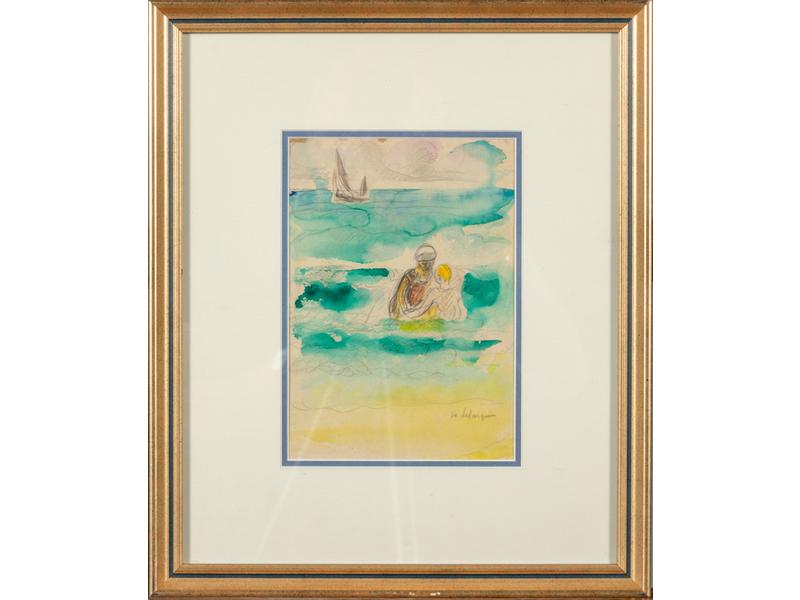 Henri LEBASQUE (1865-1937) : La baignade.  Aquarelle et mine de plomb, signé en bas à droite.  Dim. : 20x14 cm.