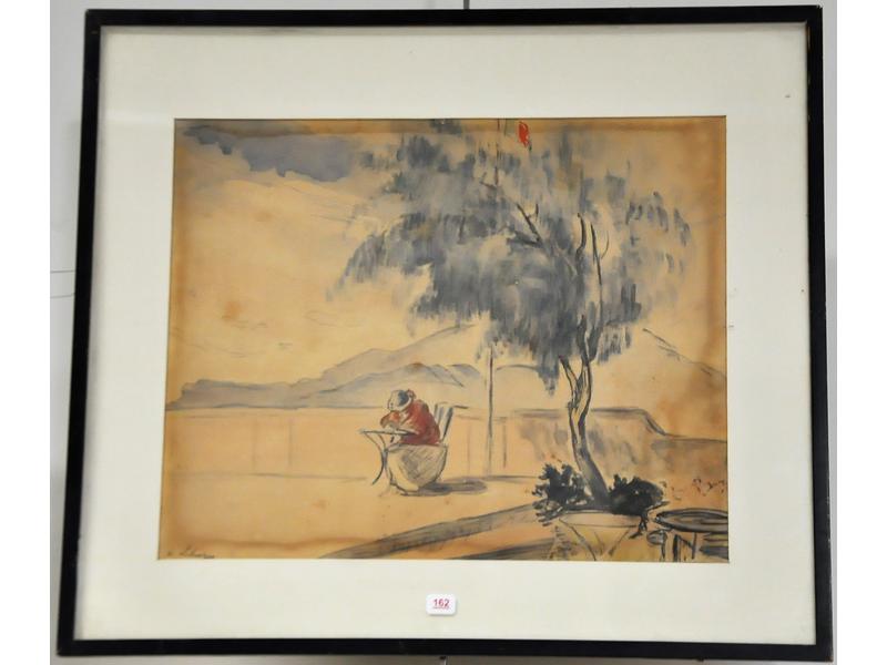 Henri LEBASQUE (1865-1937) : Femme écrivant en bord de mer.  Aquarelle signée en bas à droite.  Dim.: 31x37 cm. (papier avec rousseurs sur les bords)