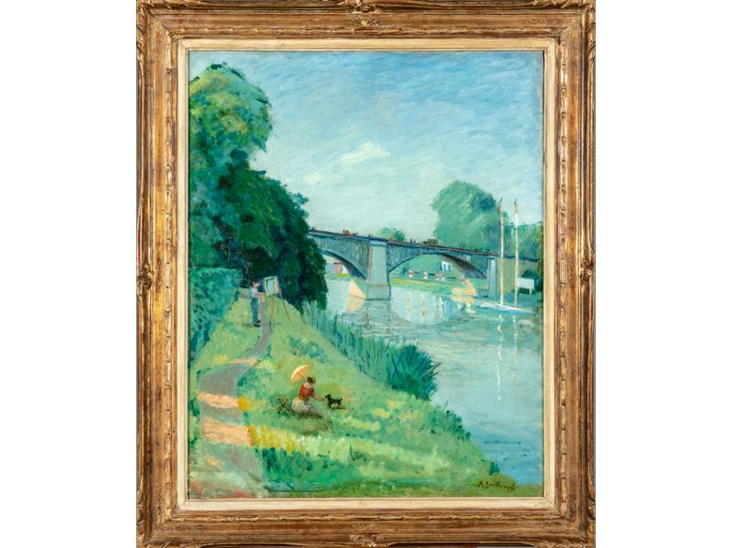 Antoine GUILLEMET (1843-1918) : Les bords de la Marne.  Huile sur toile signée en bas à droite et titrée au dos.  Dim. : 81x65 cm.