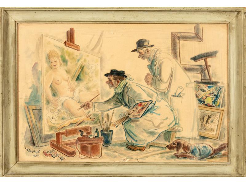 Sacha ZALIOUK (1887-1971) : Un peu de chaleur.  Aquarelle signée en bas à gauche.  Dim.: 35x53 cm. (vitre cassée)